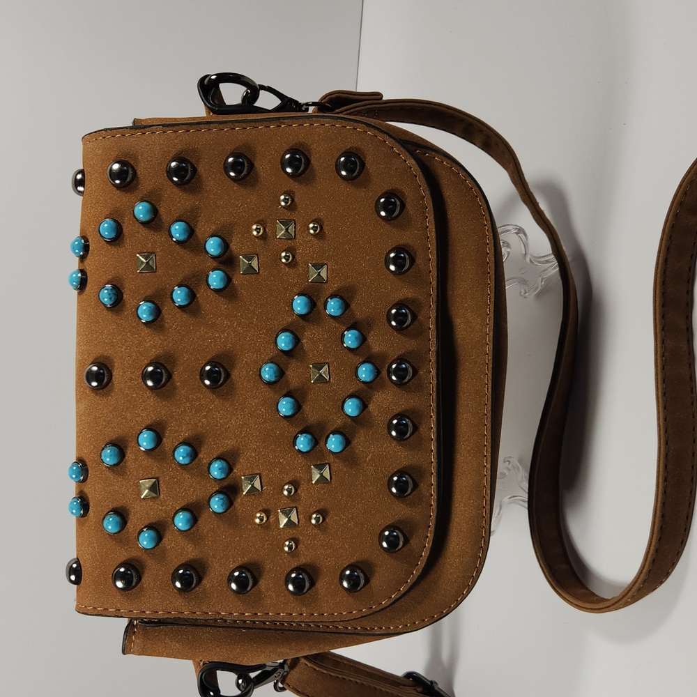 Leather Crossbody Handbag w/ faux turquoise